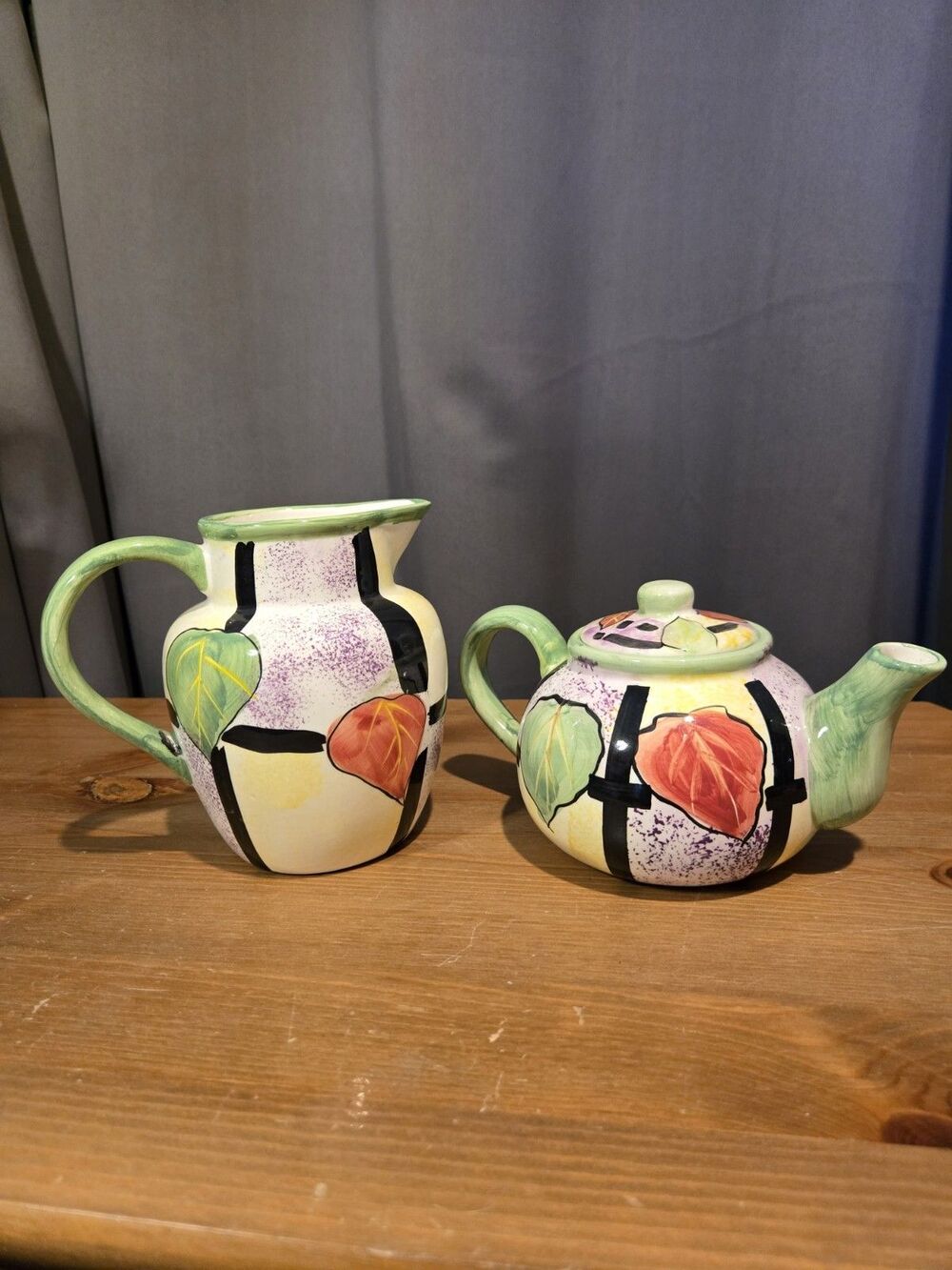 SAP Trading Inc Ca Teapot & Creamer Set Colorful Leaves & Patterns, Vtg?